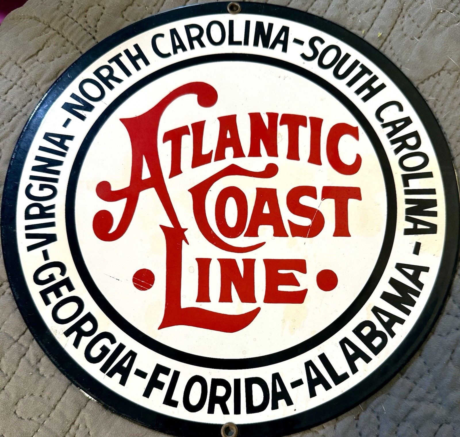 VINTAGE ATLANTIC COAST LINE RAILROAD 10” PORCELAIN METAL TRAIN GASOLINE OIL SIGN