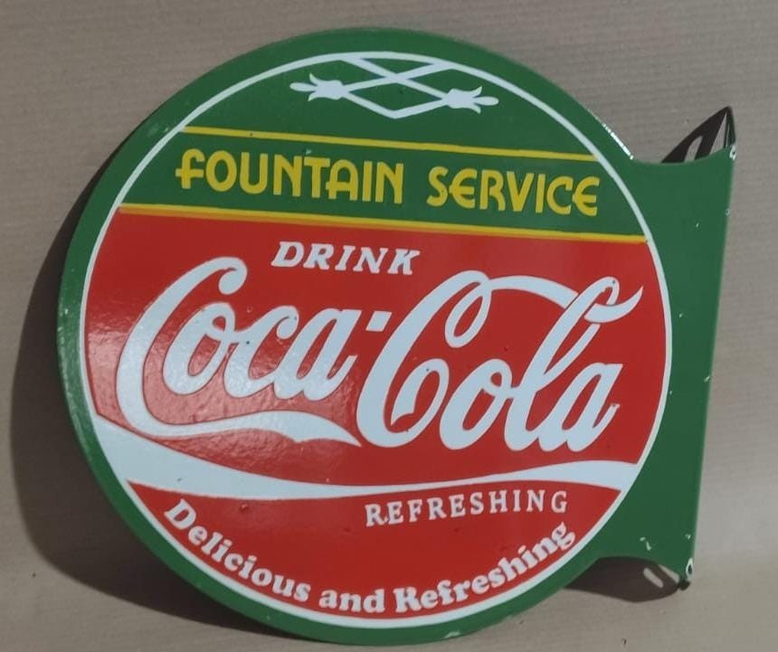 Drink Coca Cola Fountain Service Porcelain Enamel Sign 19.5 x 17 Inches 2 Sided