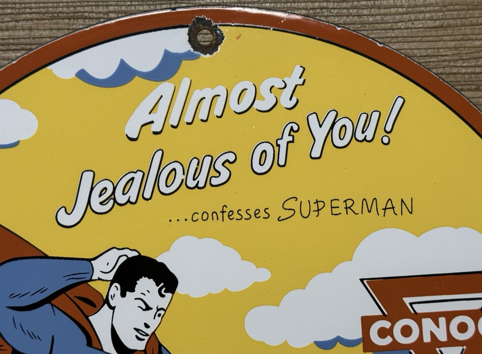 VINTAGE SUPERMAN N TANE CONOCO GASOLINE PORCELAIN SIGN 12″ METAL COMIC GAS OIL