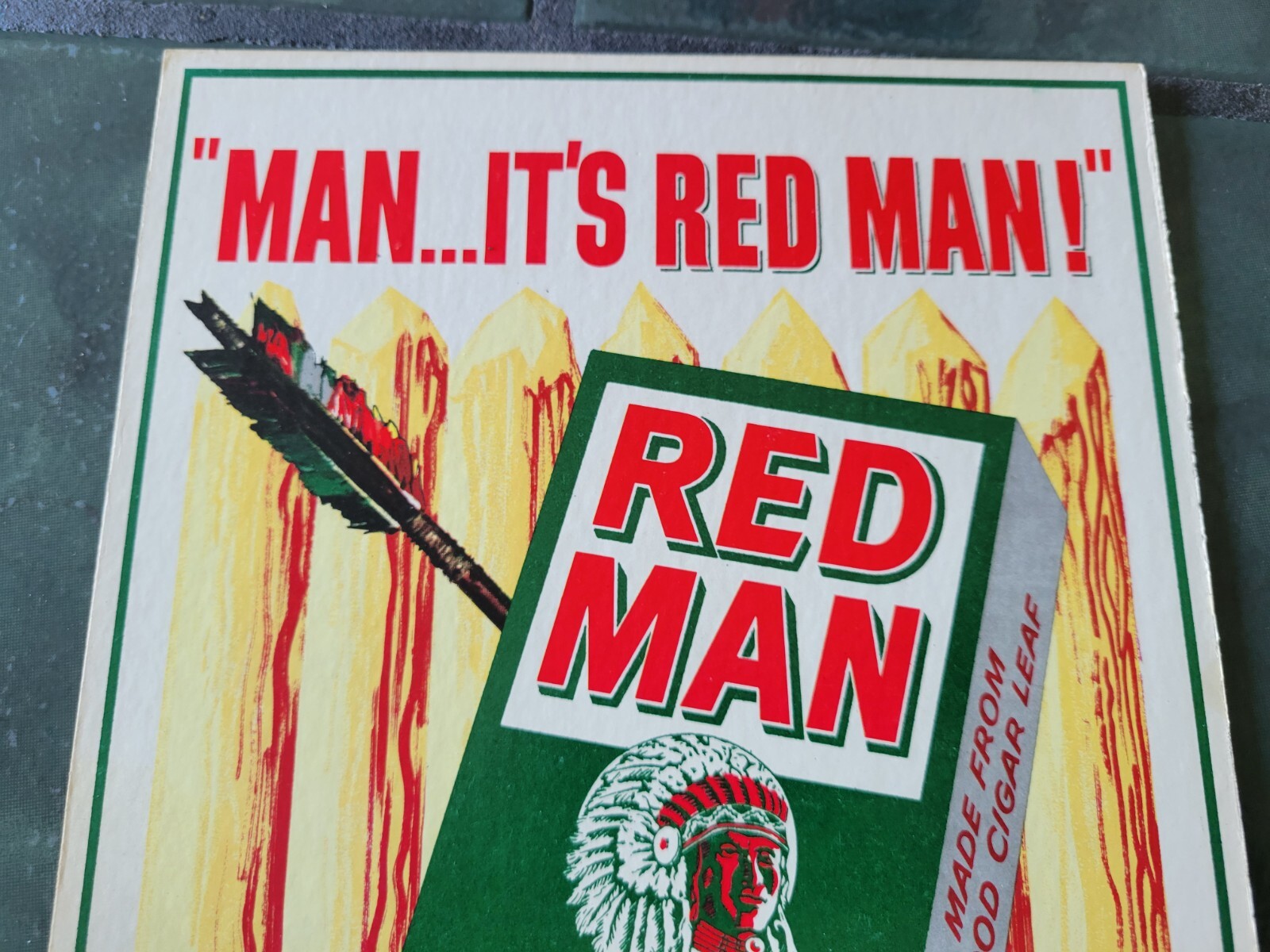 Vintage RED MAN TOBACCO CHEW indian chief arrow advertising sign art