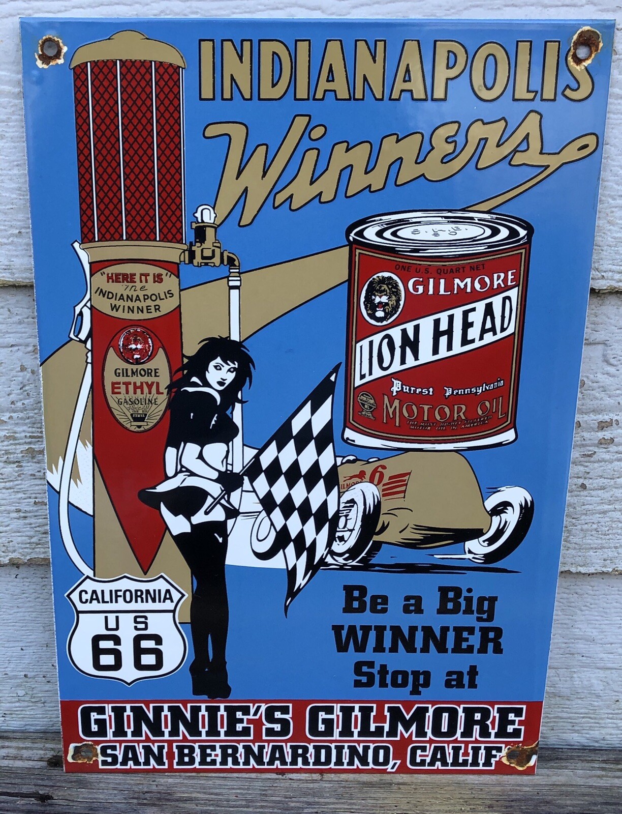 VINTAGE 1950S GILMORE LION HEAD MOTOR OIL ROUTE 66 PORCELAIN GAS PUMP SIGN