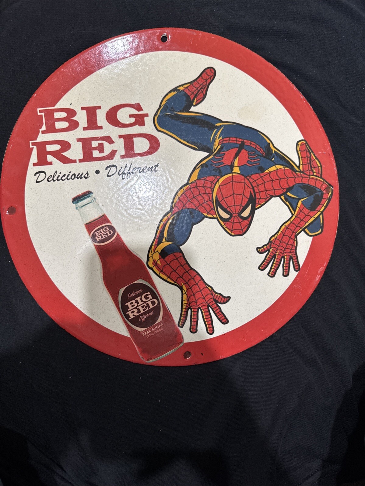 VINTAGE BIG RED SODA PORCELAIN SPIDER MAN GAS OIL BEVERAGE DRINK GARAGE AD SIGN