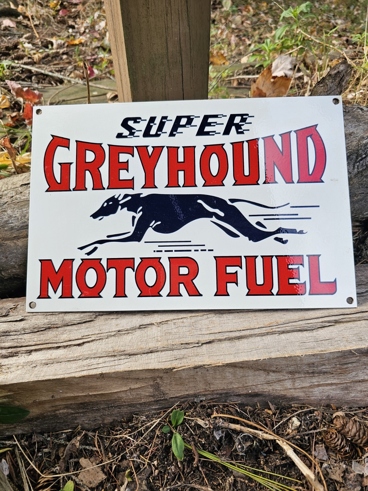 VINTAGE 1960’S SUPER GREYHOUND MOTOR FUEL PORCELAIN SIGN 12″ X 8″!!