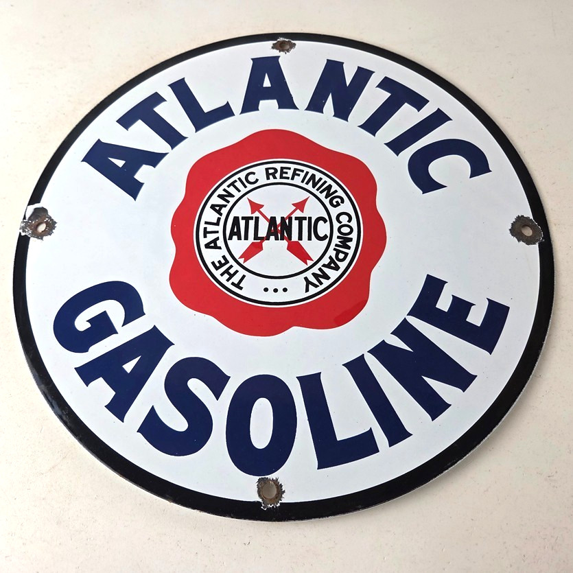 Vintage Atlantic Gasoline Sign – Gas Service Station Pump Porcelain Sign