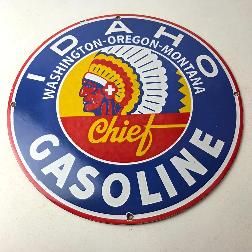 Vintage Idaho Gasoline Sign – Indian Chief Gas Motor Oil Pump Porcelain Sign