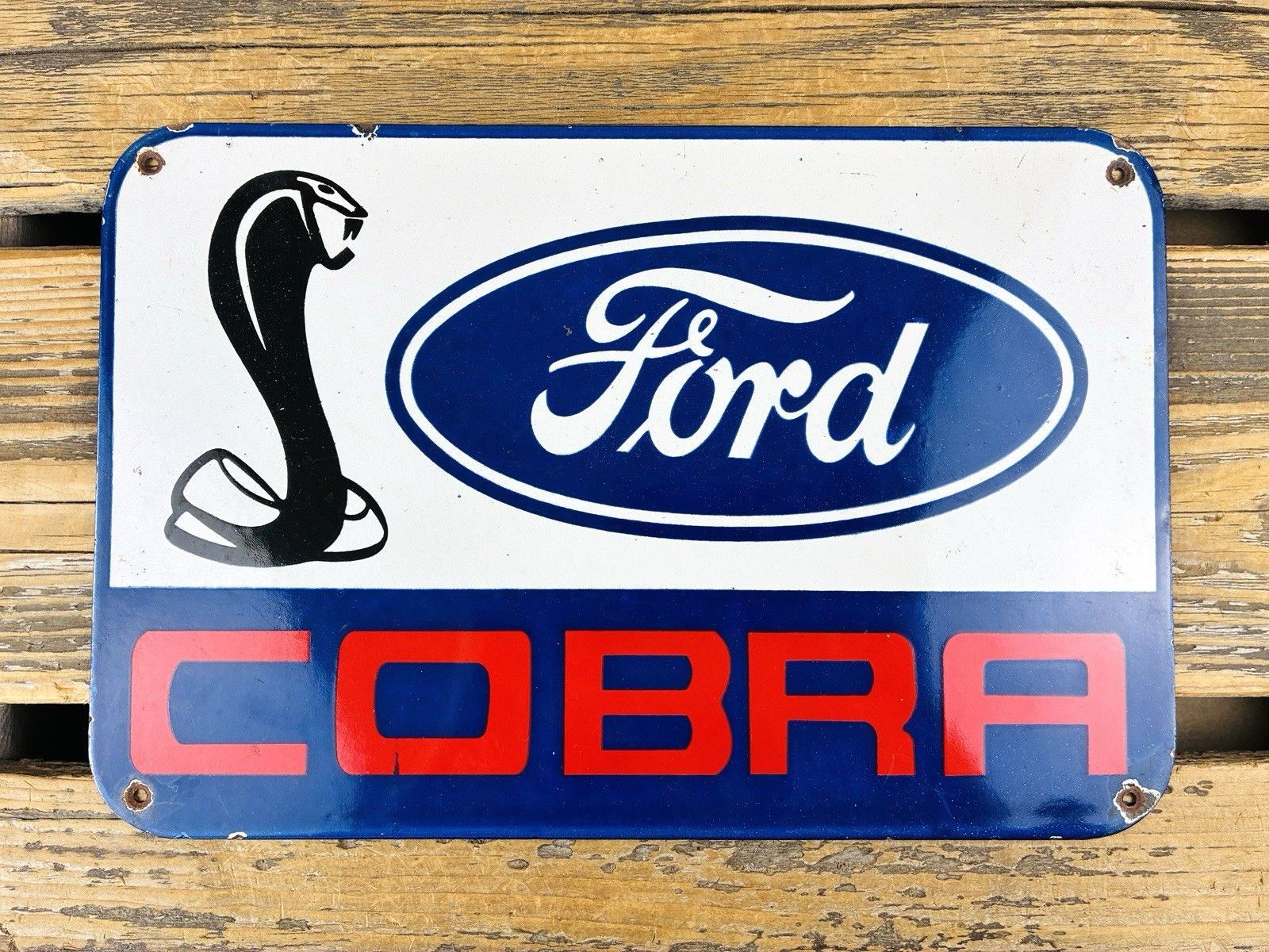 VINTAGE 12×8″ FORD COBRA DEALERSHIP GAS STATION PORCELAIN OIL ADVERTISING SIGN