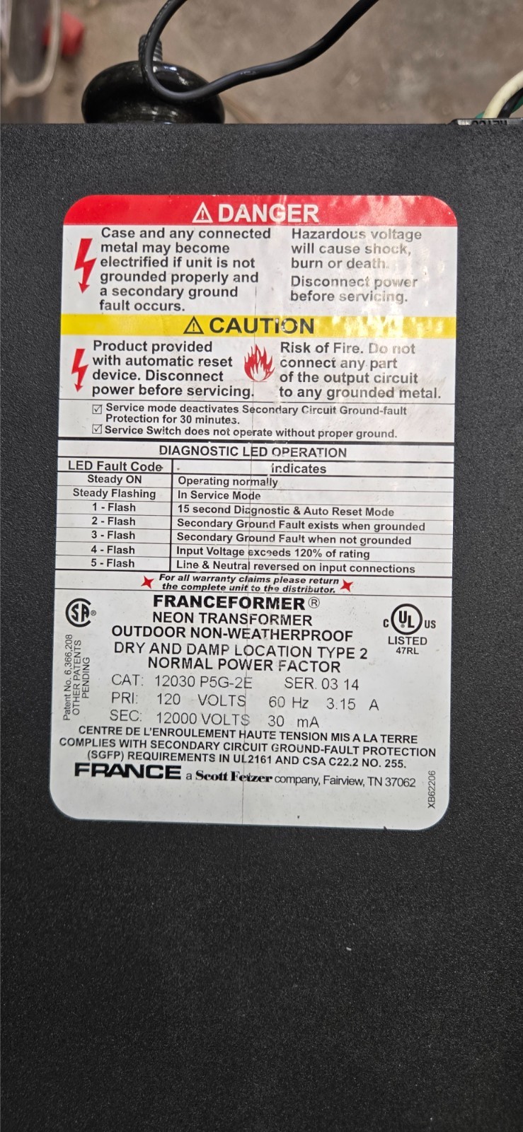 FRANCE electric Sign Repair PART 12030 P5G-2E OUTDOOR TYPE2 Neon Transformer