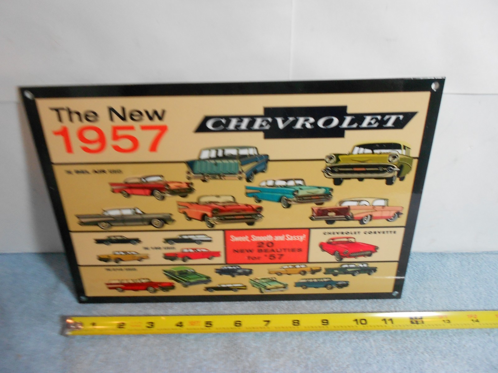 VINTAGE CHEVROLET “NEW BEAUTIFUL 1957 CHEVY’S 12” GAS OIL ADVERTISING SIGN METAL