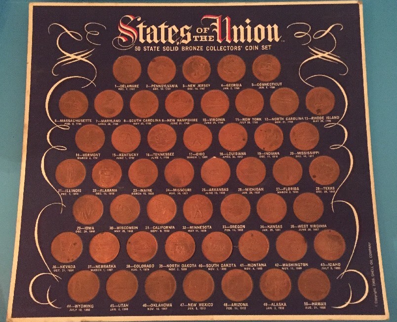 States Of The Union 50 State Bronze Collectors Coin Set, 1969 Shell Oil Vintage