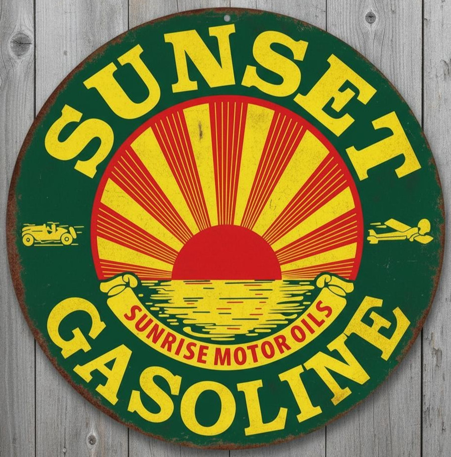Sunset Gasoline 12″ Diameter Vintage Novelty Metal Sign Made In USA