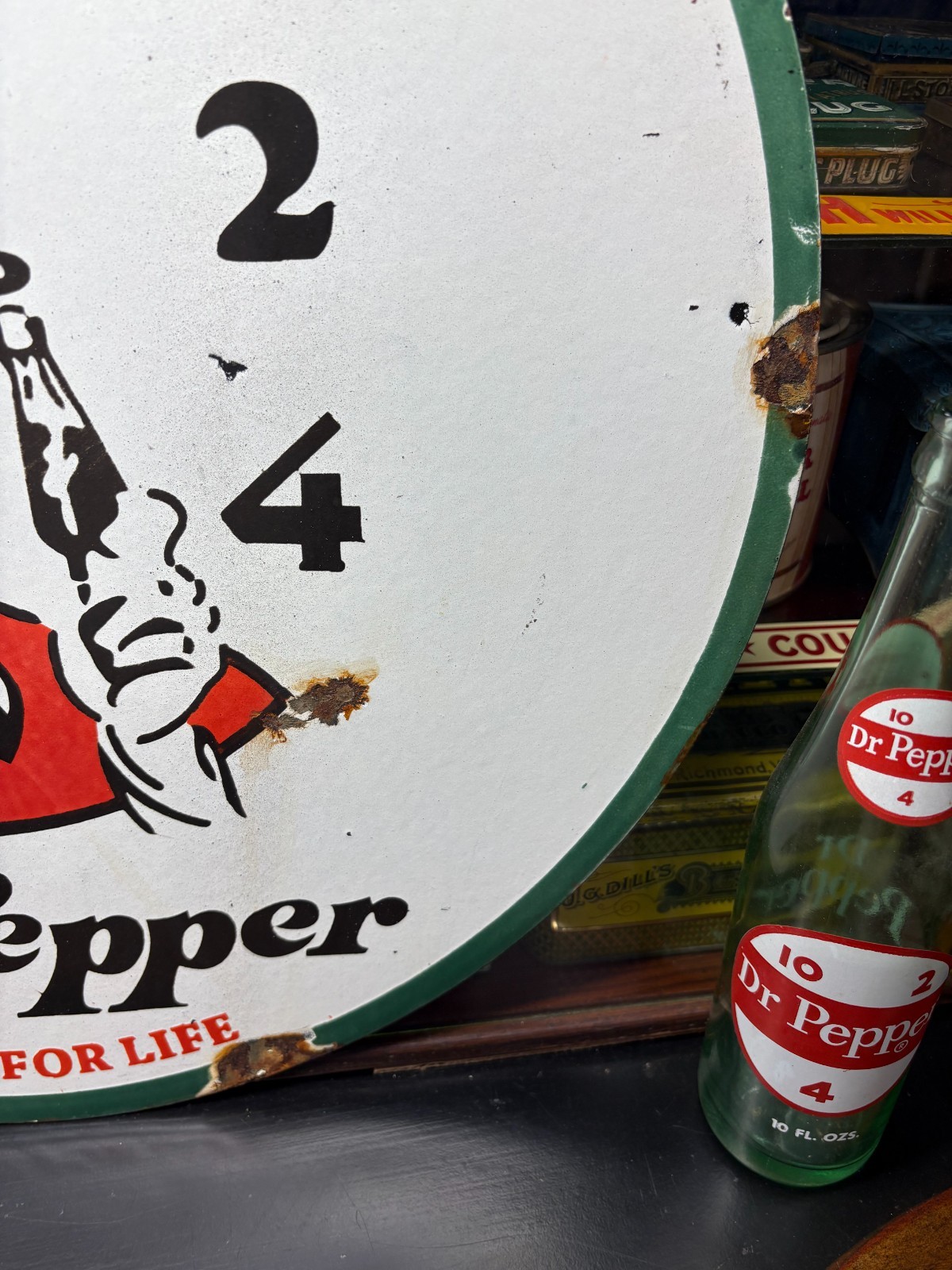 OLD “Dr PEPPER 10-2-4″ LARGE PORCELAIN FLANGE ADVERTISING SIGN, (19″x 18”) NICE