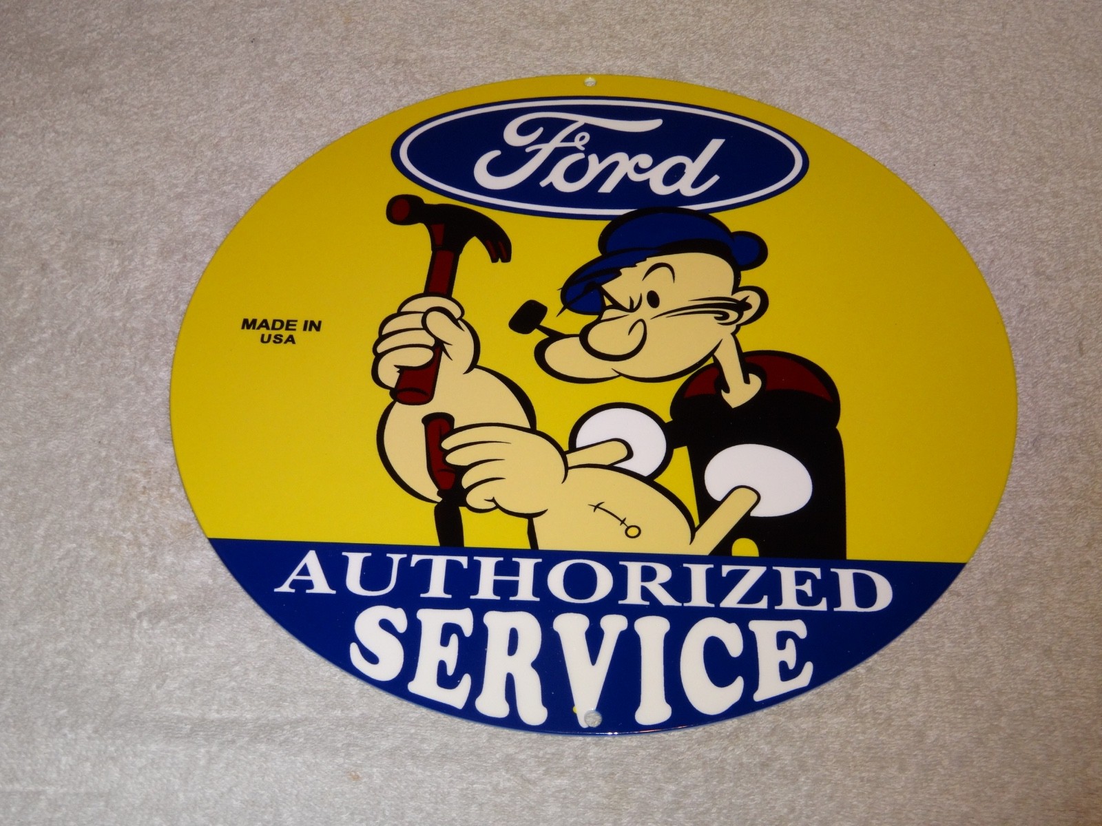 VINTAGE FORD SERVICE W/ POPEYE THE SAILOR MAN 12″ ENAMEL METAL GASOLINE OIL SIGN
