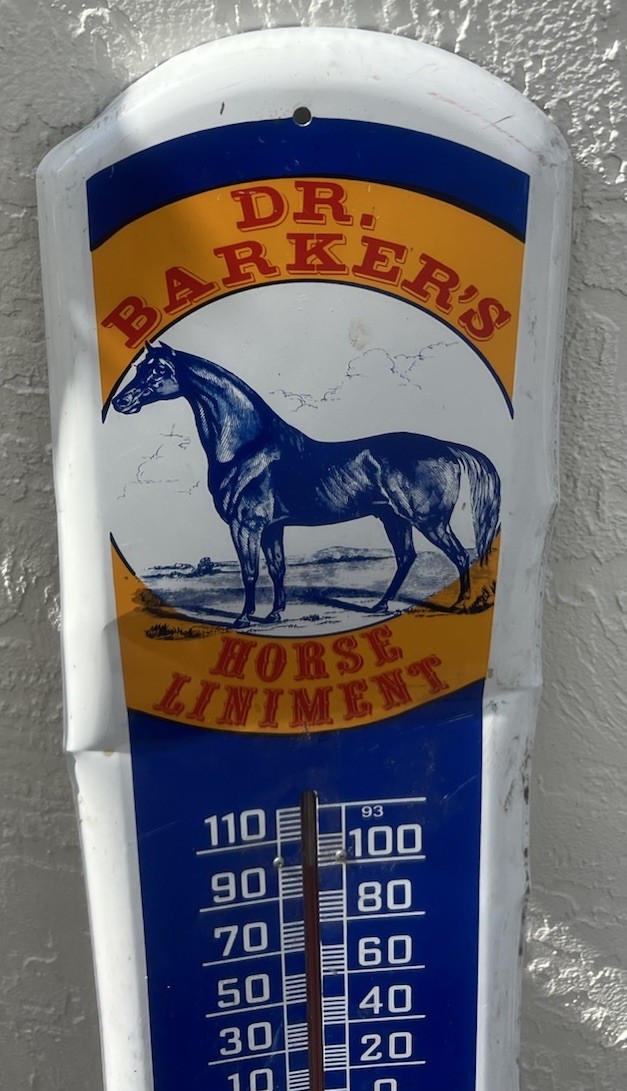 DR. BARKER’S Horse Liniment Metal Sign HORSE & DONKEY Thermometer 38”