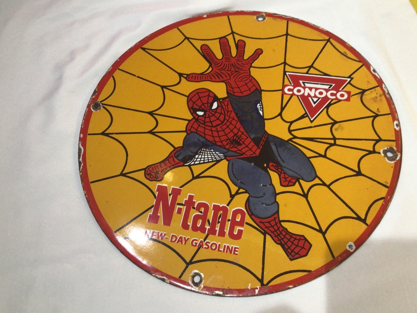 CONOCO N-TANE GASOLINE Porcelain Metal Gas Advertising Sign with Spider-Man 12”
