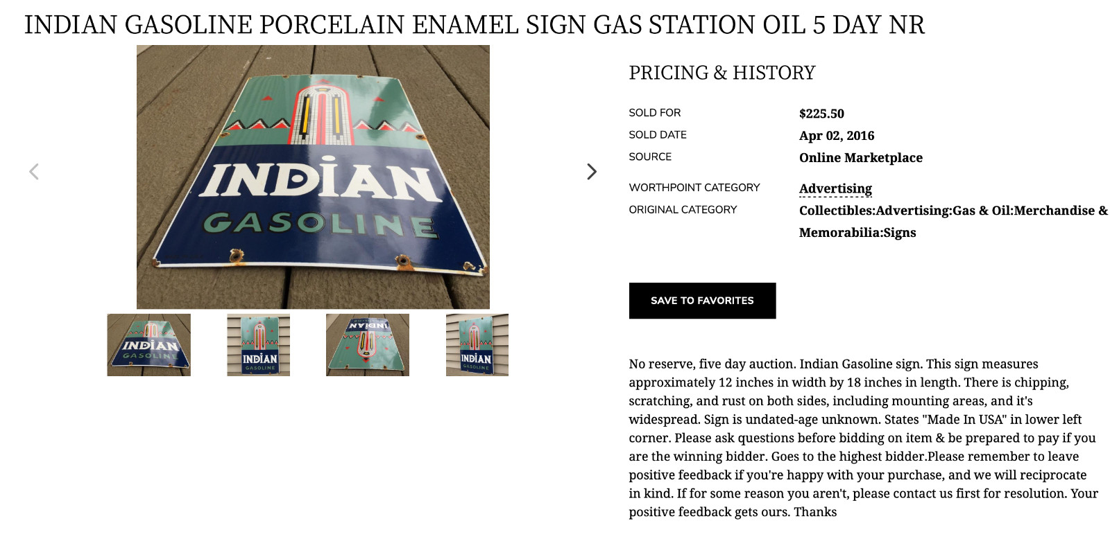 VINTAGE INDIAN GASOLINE 18″ PORCELAIN METAL MOTORCYCLE GAS & OIL PUMP PLATE SIGN