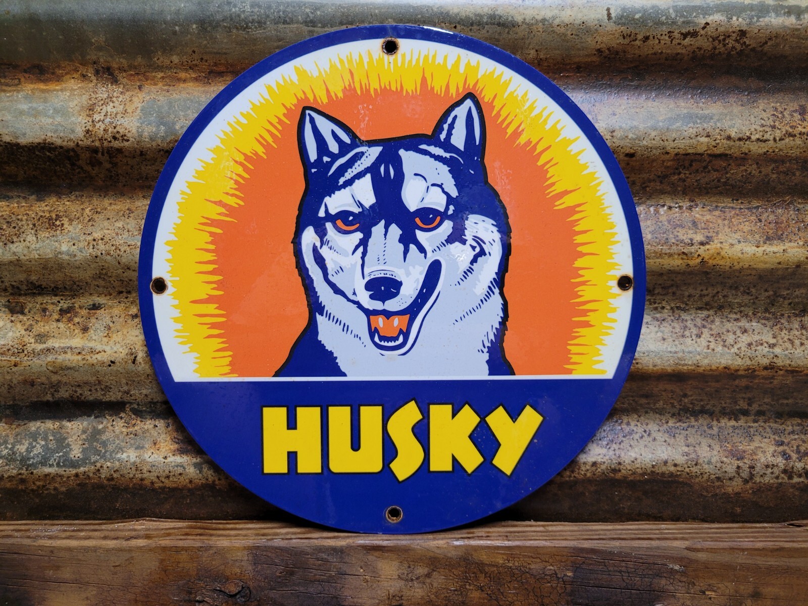 VINTAGE HUSKY PORCELAIN SIGN MOTOR OIL GASOLINE COMPANY AUTO SERVICE SLED DOG